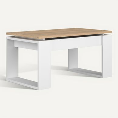 Table basse avec plateau relevable COSMIT imitation chêne et blanc vue 3/4