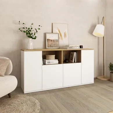 Buffet 4 portes AMAEL imitation chêne et blanc vue 3/4