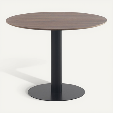 Table En Mélamine Noyer 100 De Diamètre, Pied En Métal Noir Table En Mélamine Noyer 100 De Diamètre, Pied En Métal Noir
