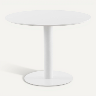 Table En Mélamine Blanche 100 Diamètre, Pied Central En Métal Blanc Table En Mélamine Blanche 100 Diamètre, Pied Central En Métal Blanc