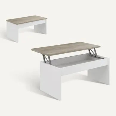 Table basse avec plateau relevable YANA Blanc et imitation chêne Table basse avec plateau relevable YANA Blanc et imitation chêne vue 3/4