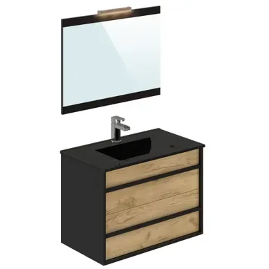 Meuble de salle de bain 80 cm KOH TAO Imitation chêne brut et noir Meuble de salle de bain 80 cm KOH TAO Imitation chêne brut et noir vue 3/4