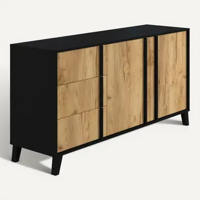 Buffet L.160 2 portes 3 tiroirs OTAWA Imitation chêne et noir vue 3/4