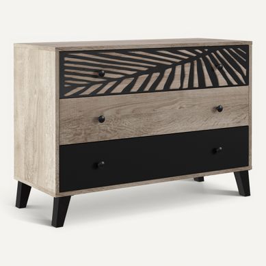 Commode 3 tiroirs avec motif PALMA noir et imitation chêne Commode 3 tiroirs avec motif PALMA noir et imitation chêne vue 3/4