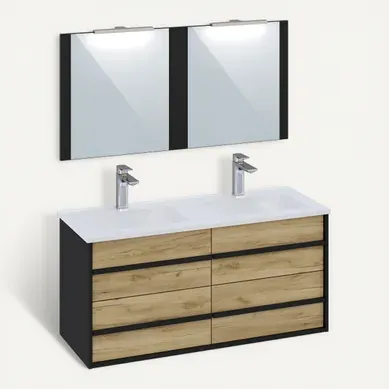 Meuble de salle de bain 120 cm KOH TAO Imitation chêne brut et noir Meuble de salle de bain 120 cm KOH TAO Imitation chêne brut et noir vue 3/4