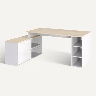 Bureau d'angle avec rangements imitation chêne et blanc WRITE Bureau d'angle avec rangements imitation chêne et blanc WRITE vue 3/4