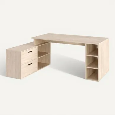 Bureau d'angle avec rangements imitation chêne WRITE Bureau d'angle avec rangements imitation chêne WRITE vue 3/4