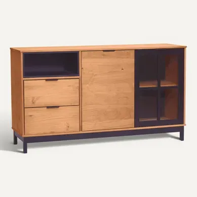 Buffet style atelier BRONX Bois massif et noir vue 3/4