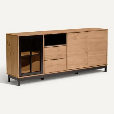 Buffet style atelier BRONX Bois massif et noir vue 3/4