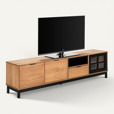 Meuble TV L.187 cm BRONX Bois massif et noir Meuble TV L.187 cm BRONX Bois massif et noir vue 3/4