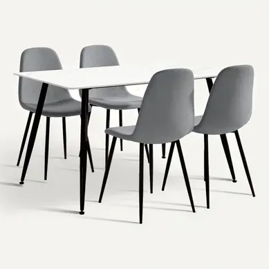 Ensemble de table en pierre frittée + 4 chaises MINKA en velours côtelé gris Ensemble de table en pierre frittée + 4 chaises MINKA en velours côtelé gris vue 3/4