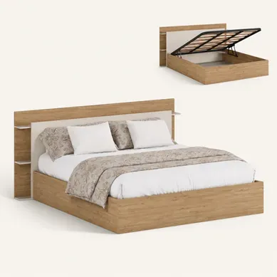 Lit coffre avec sommier relevable 160x200 cm AMELIE imitation chêne et crème Lit coffre avec sommier relevable 160x200 cm AMELIE imitation chêne et crème vue 3/4