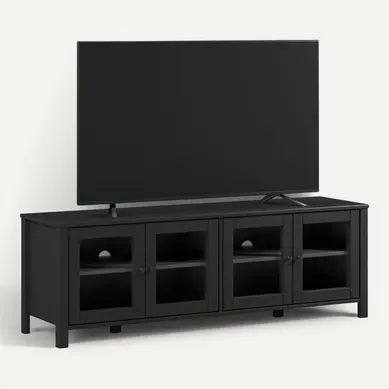 Meuble TV L.150 cm portes vitrées ALESSANDRA pin massif noir Meuble TV L.150 cm portes vitrées ALESSANDRA pin massif noir vue 3/4