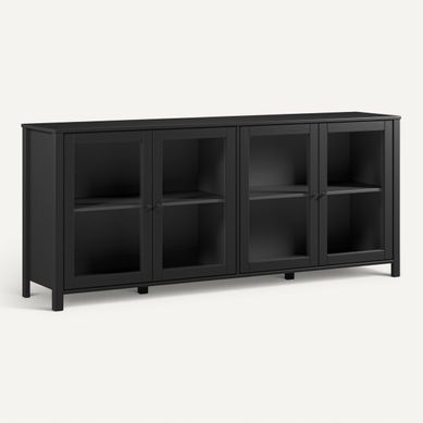 Buffet 4 portes vitrées L. 186 cm ALESSANDRA en pin massif noir vue 3/4