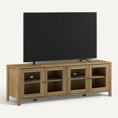 Meuble TV L.150 cm portes vitrées ALESSANDRA pin massif Meuble TV L.150 cm portes vitrées ALESSANDRA pin massif vue 3/4