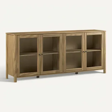 Buffet 4 portes vitrées L. 186 cm ALESSANDRA en pin massif vue 3/4