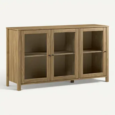 Buffet 3 portes vitrées L. 142 cm ALESSANDRA en pin massif vue 3/4