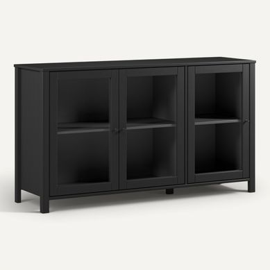 Buffet 3 portes vitrées L. 142 cm ALESSANDRA en pin massif noir vue 3/4