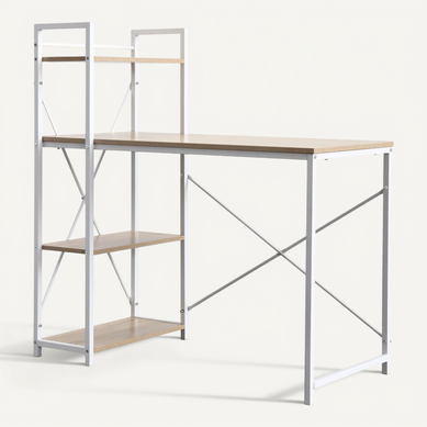 Bureau En Mélamine Et Métal, Modèle Design, En Chêne Clair Et Blanc Bureau En Mélamine Et Métal, Modèle Design, En Chêne Clair Et Blanc