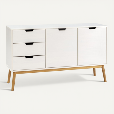 Buffet Baku 3 Tiroir Y 2 Porte Blanc, Pin Massif, Longueur 140 Cm