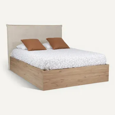 Lit coffre 140x190 cm SOAM imitation chêne & tissu beige vue 3/4