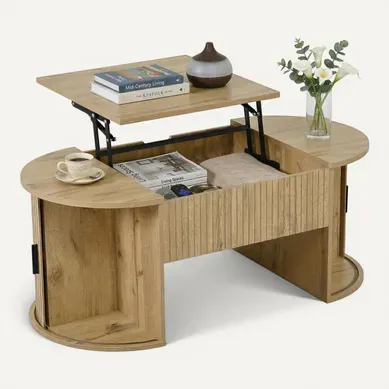 Table Basse De Salon Ovale Avec Plateau Relevable Et Rangement, En Bois D'ingénierie, Chêne Table Basse De Salon Ovale Avec Plateau Relevable Et Rangement, En Bois D'ingénierie, Chêne