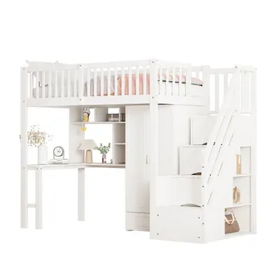 Lit Mezzanine Avec Rangement, 90 X 200 Cm, Armoire, étagère, Bureau, Escalier, Blanc Lit Mezzanine Avec Rangement, 90 X 200 Cm, Armoire, étagère, Bureau, Escalier, Blanc