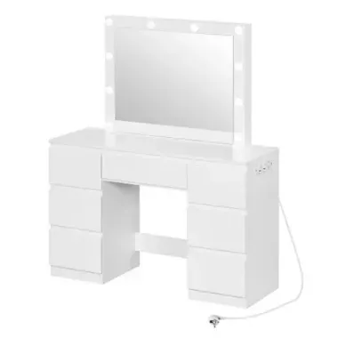 Coiffeuse Avec Miroir LED Et Prises Intégrées - Bois - Blanc - 110 X 39,5 X 140,5 Cm