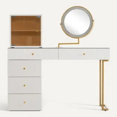 Ensemble Coiffeuse En Bois Et Verre Avec Miroir LED - Blanc Et Or - 120 X 45 X 115 Cm Ensemble Coiffeuse En Bois Et Verre Avec Miroir LED - Blanc Et Or - 120 X 45 X 115 Cm