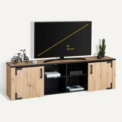 Meuble TV L.197 cm LAZIO Imitation chêne / noir vue 3/4