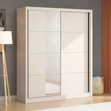 Armoire 2 portes coulissantes avec miroir ALBI grège Armoire 2 portes coulissantes avec miroir ALBI grège vue d'ambiance 1