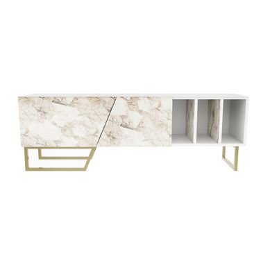 Meuble TV Linossa, Niches Et Armoires, Pied En Métal (effet Marbre Blanc Et Doré)