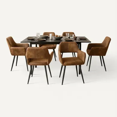 Ensemble Table Extensible Noire + 6 Chaises Coquille Suédine Marron Ensemble Table Extensible Noire + 6 Chaises Coquille Suédine Marron