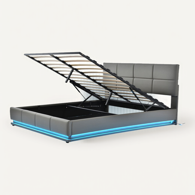 Lit Coffre Lit Double Hydraulique 160x200 Cm Avec LED Et Tête De Lit Réglable, Gris, Sans Matelas