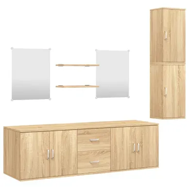 Ensemble De Meubles Salle De Bain Lot De 7 Bois Contreplaqué Chêne Mural Armoire Miroir étagère