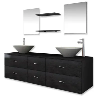 Meubles De Salle De Bain 9 Pièces Avec Lavabo Et Robinet Noir Meubles De Salle De Bain 9 Pièces Avec Lavabo Et Robinet Noir