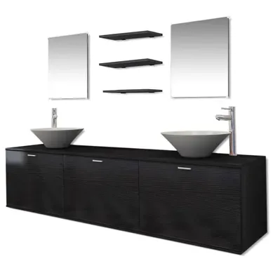 Meuble Vasque - Vasque + Robinet + Miroir + Etagères - Noir Meuble Vasque - Vasque + Robinet + Miroir + Etagères - Noir