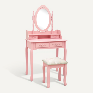 Ensemble Coiffeuse Avec Tabouret, 4 Tiroirs, Miroir Incrusté, Bois De Paulownia Rose