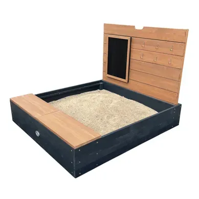 Mandy Sandbox En Bois Avec Banc, Espace De Rangement, Couvercle Et Tableau Noir Mandy Sandbox En Bois Avec Banc, Espace De Rangement, Couvercle Et Tableau Noir