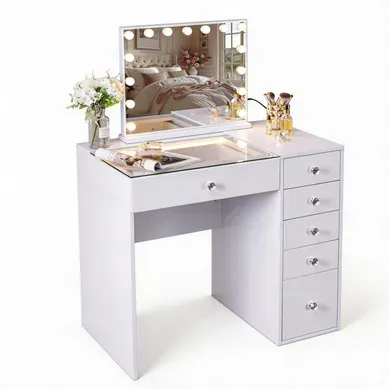 VANITII Coiffeuse avec Miroir LED 6 Tiroirs Blanc 92 x 55 x 127 cm VANITII Coiffeuse avec Miroir LED 6 Tiroirs Blanc 92 x 55 x 127 cm