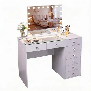 VANITII Coiffeuse avec Miroir LED 6 Tiroirs Blanc 92 x 55 x 139 cm VANITII Coiffeuse avec Miroir LED 6 Tiroirs Blanc 92 x 55 x 139 cm