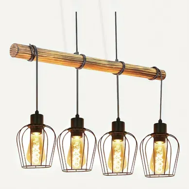 Suspension Rétro Industriel 4 Lampes Bois Réglables