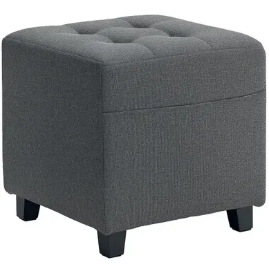 Repose-pied Ottoman Capitonné En Tissu Aspect Lin Et Bois - Gris - 35 X 35 X 35 Cm
