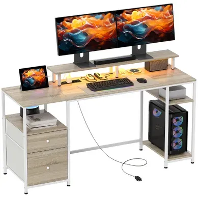 Bureau D'ordinateur - Mélamine Et Acier - Effet Bois Naturel - 155,5x48x88,5 Cm Bureau D'ordinateur - Mélamine Et Acier - Effet Bois Naturel - 155,5x48x88,5 Cm