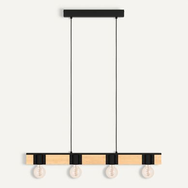 Suspension 4 Lumières H. 110cm BAILRIGG Noire et naturel vue de face