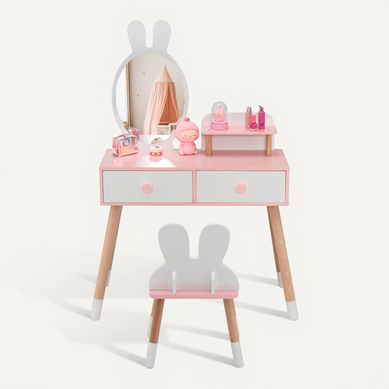 Coiffeuse Enfant, Table De Maquillage Avec Chaise Et Miroir En Forme Lapin 2 Tiroirs Roseetblanc