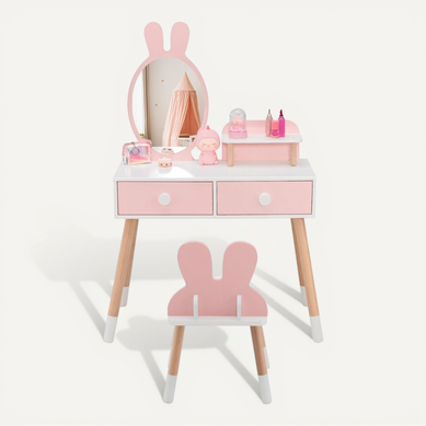 Coiffeuse Enfant, Table De Maquillage Avec Chaise Et Miroir En Forme Lapin 2 Tiroirs Blancetrose