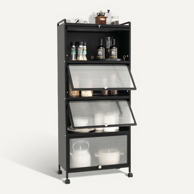 Buffet De Cuisine, Meuble De Rangement 5 Niveaux Avec 4 Portes PC Escamotables Avec 4 Roues Buffet De Cuisine, Meuble De Rangement 5 Niveaux Avec 4 Portes PC Escamotables Avec 4 Roues