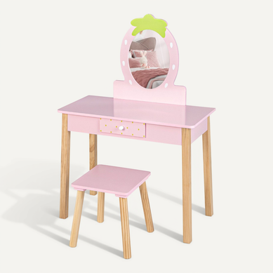 Coiffeuse Enfant Table De Maquillage Miroir Amovible Avec Tabouret Peigne Et Tiroir Bois Rose