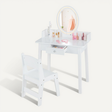 Coiffeuse Enfant, Table De Maquillage Avec Chaise Éclairage LED Miroir Blanc